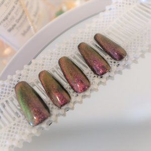 Hand-made dark red/gold/green Galaxy cateye |Press on Nails| |Crystal Diamond|wi